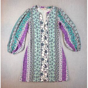 LOFT Petite 00P Floral Paisley Tunic Top Long Sleeve Purple Teal Button Front